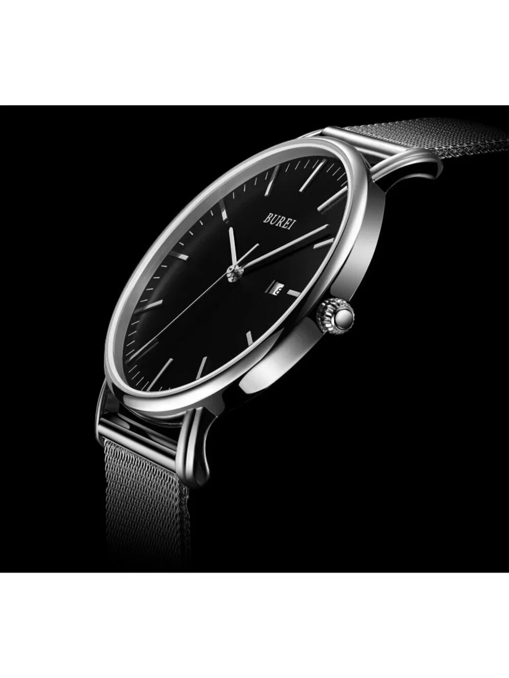 Men's Silver Black Classic Mesh Strap Minimalist Analog Quartz Waterproof Watch